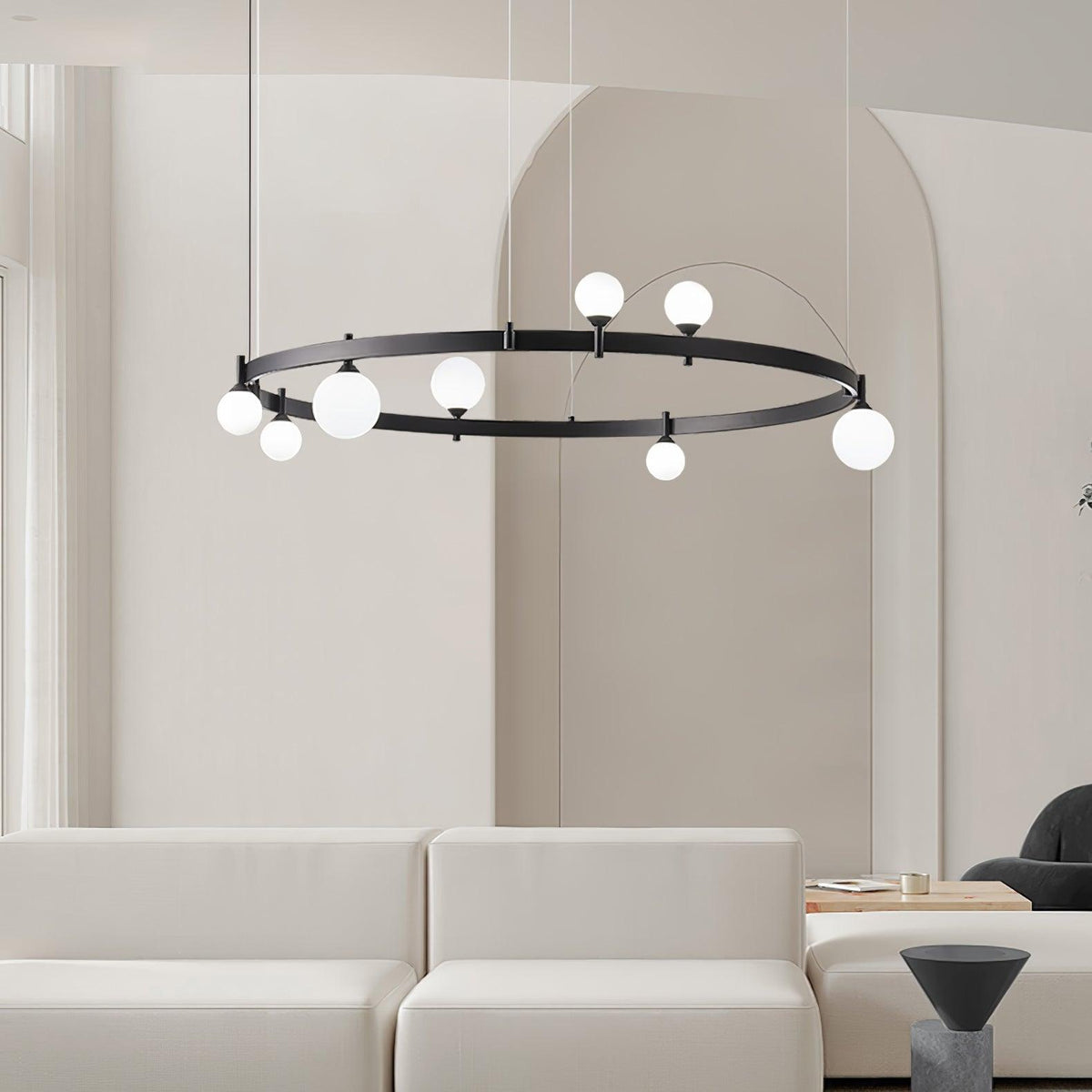 Black & White Round Chandelier with LED Illumination & Adjustable Height — front view