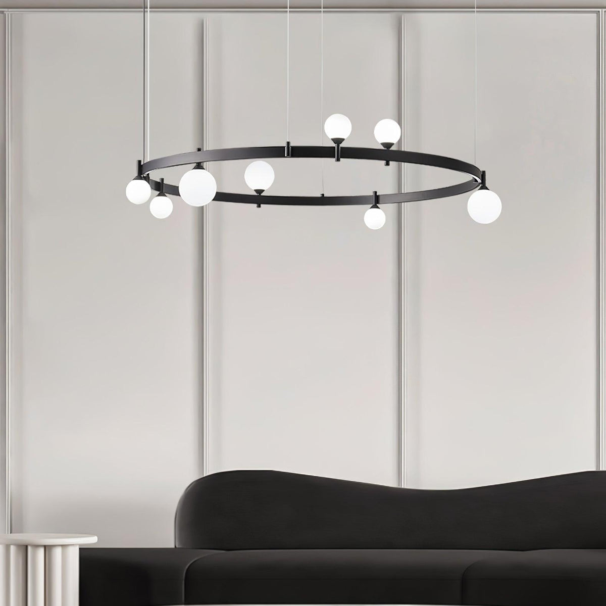 Black & White Round Chandelier with LED Illumination & Adjustable Height — lifestyle view