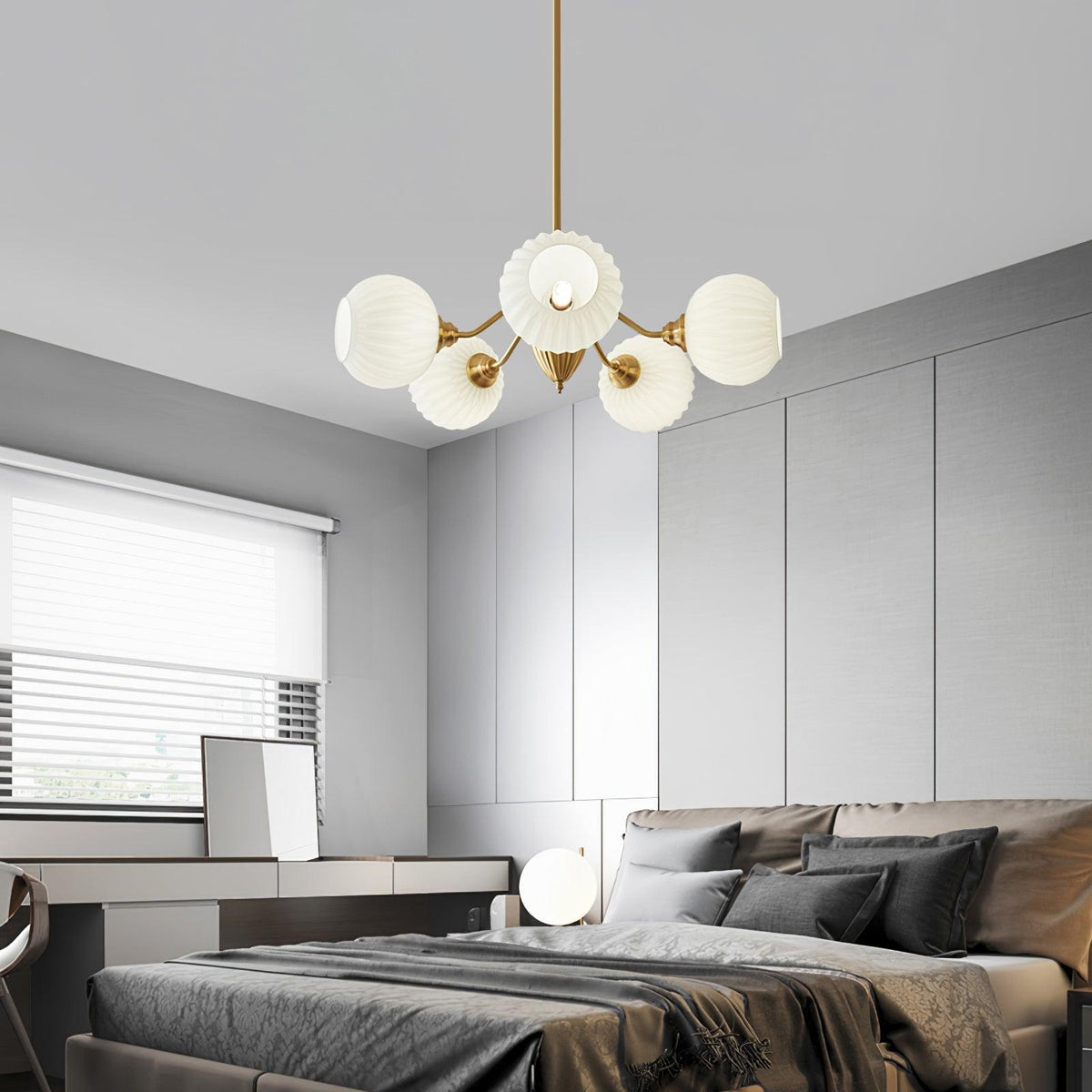Ribbed Glass Ball Chandelier with Adjustable Height