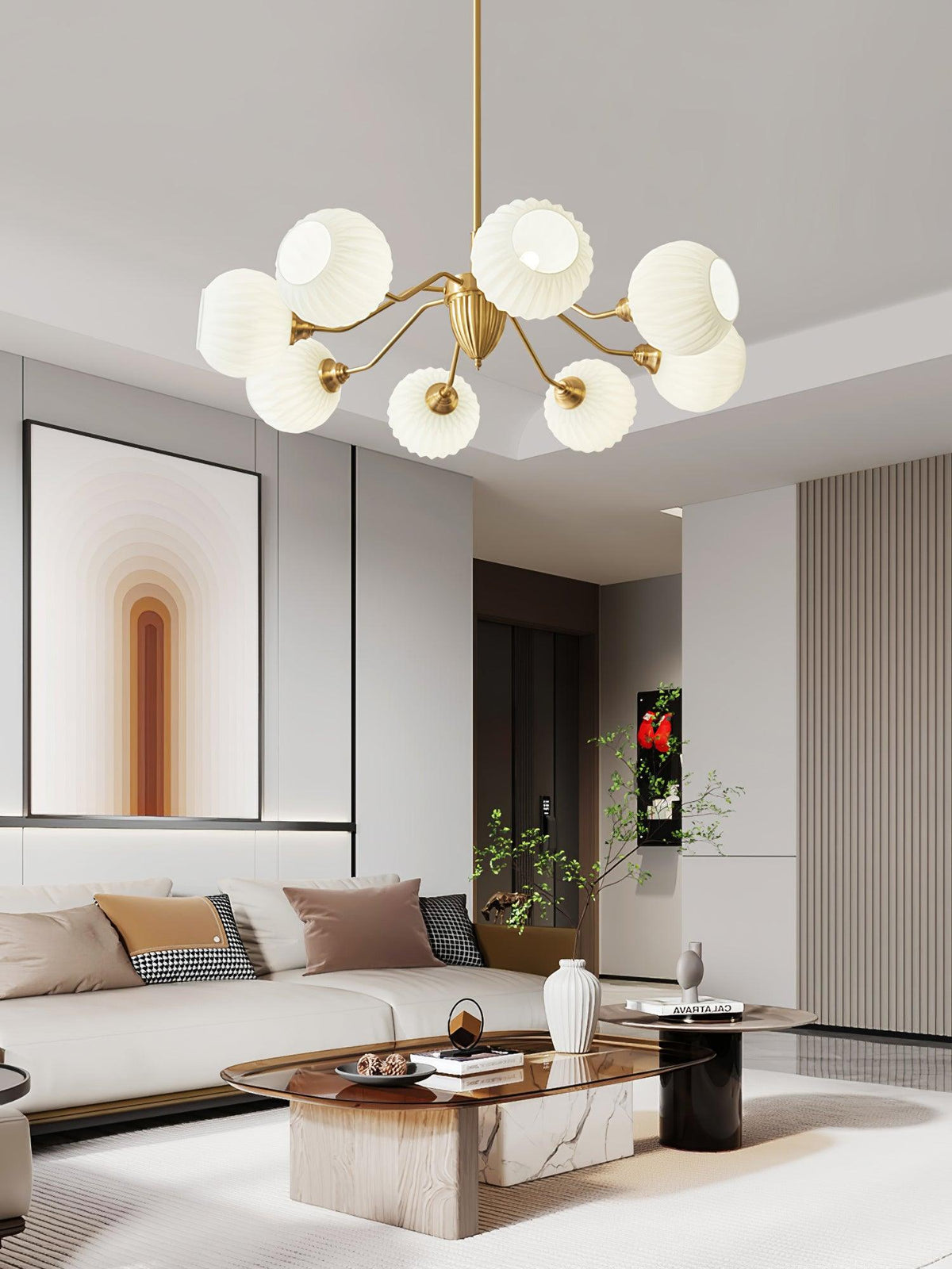 Ribbed Glass Ball Chandelier with Adjustable Height