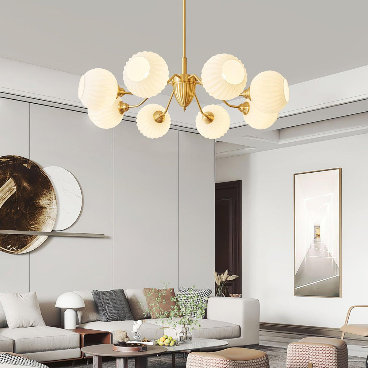 Ribbed Glass Ball Chandelier with Adjustable Height