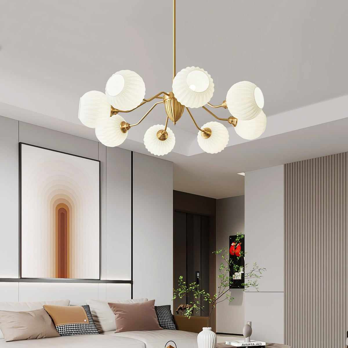 Ribbed Glass Ball Chandelier with Adjustable Height