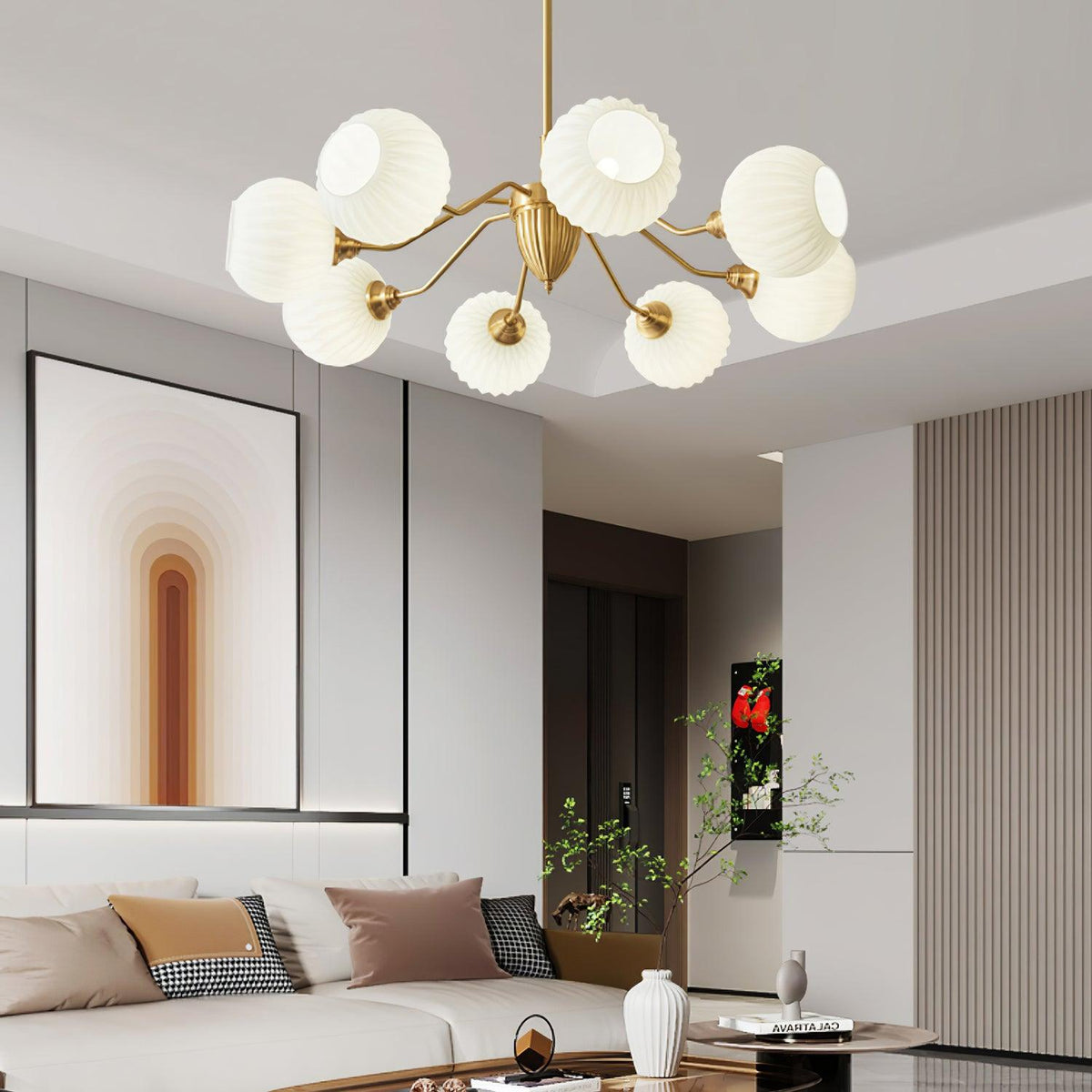 Ribbed Glass Ball Chandelier with Adjustable Height — lifestyle view