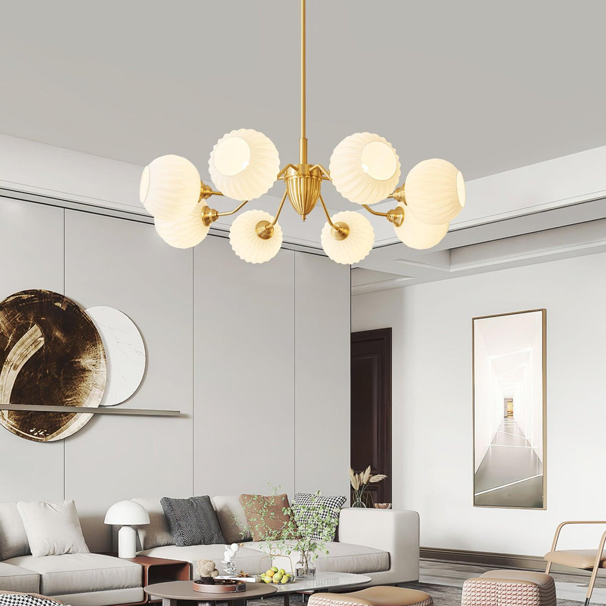 Ribbed Glass Ball Chandelier with Adjustable Height