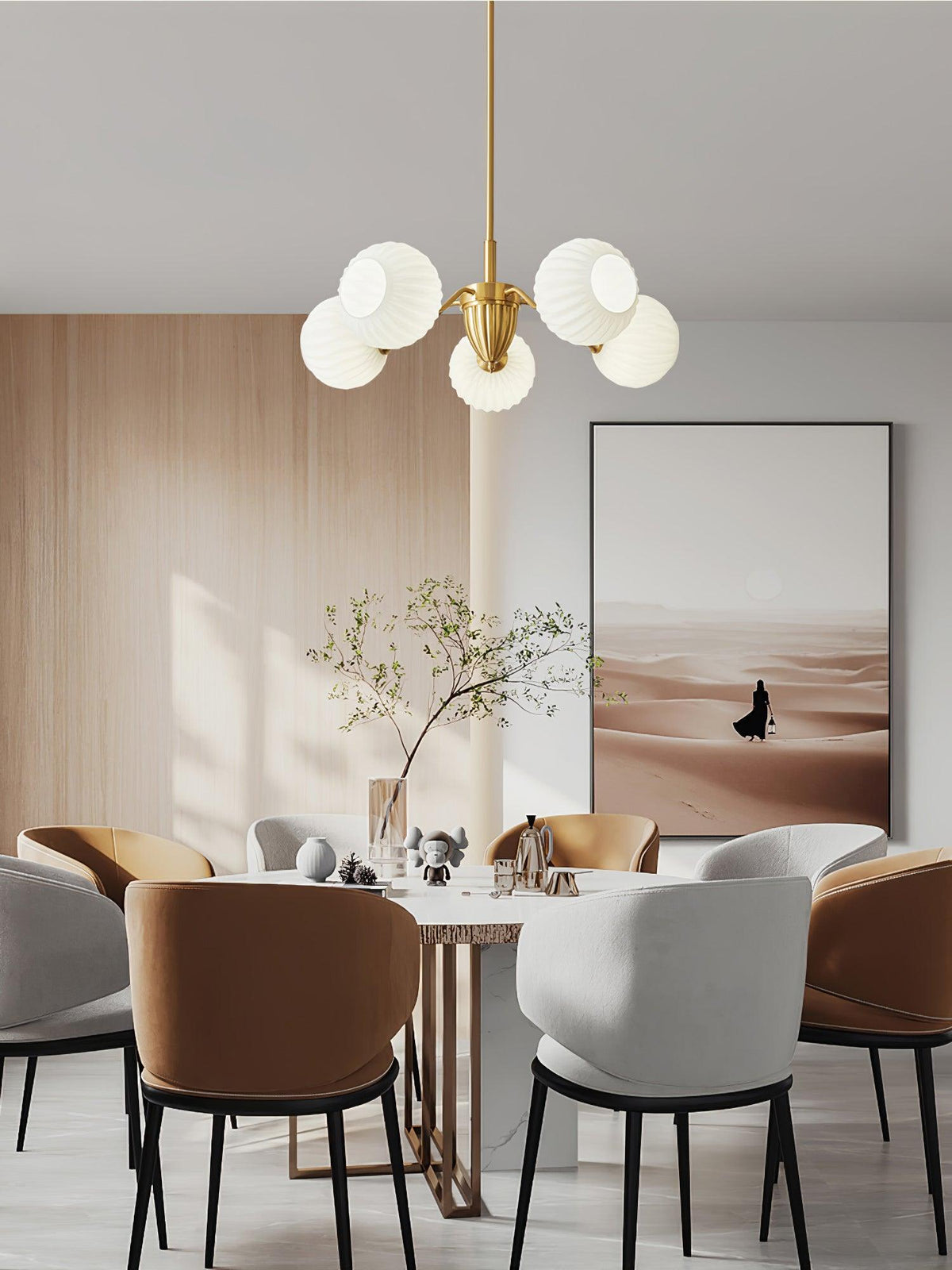 Ribbed Glass Ball Chandelier with Adjustable Height
