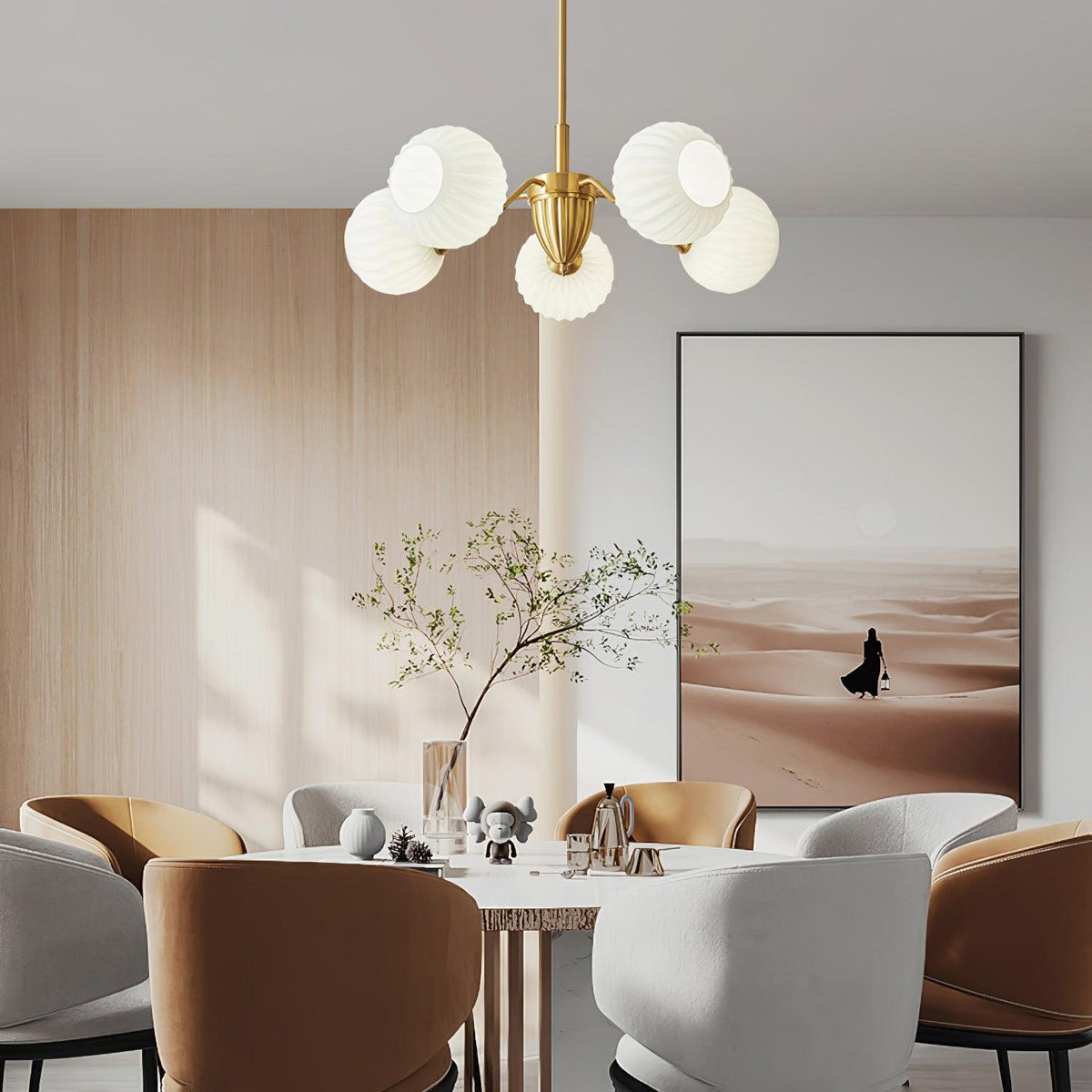 Ribbed Glass Ball Chandelier with Adjustable Height — front view