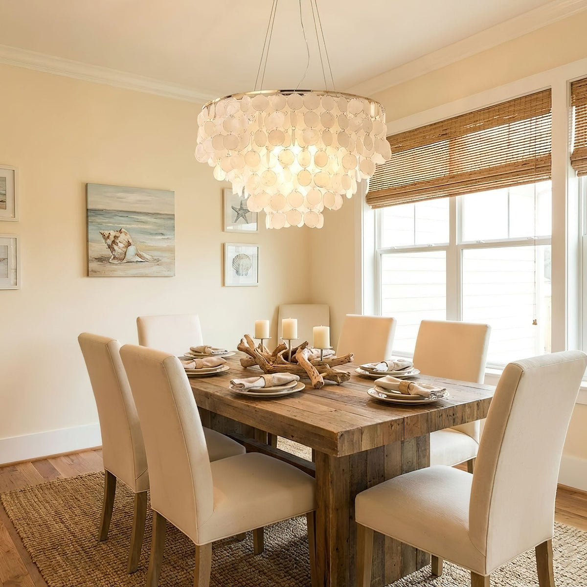 Shell Wind Chime Chandelier, Coastal Design — lifestyle view