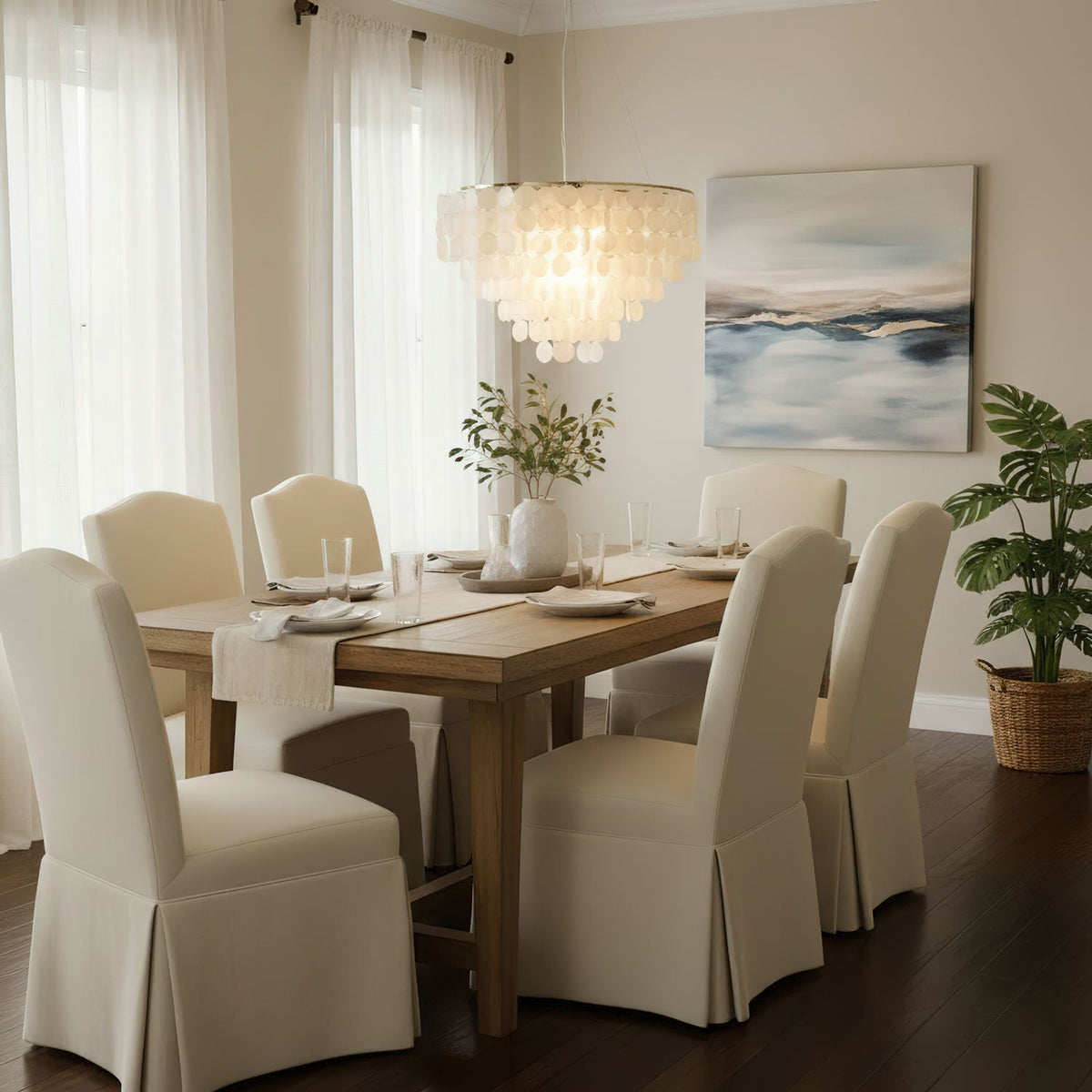 Shell Wind Chime Chandelier, Coastal Design — front view