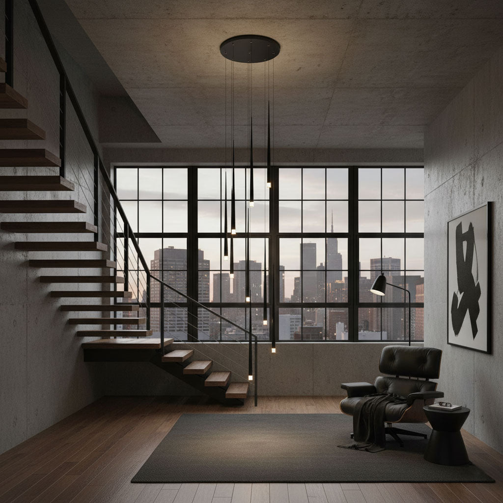 Slender Cone Chandelier with Adjustable Height, Energy Efficient — front view