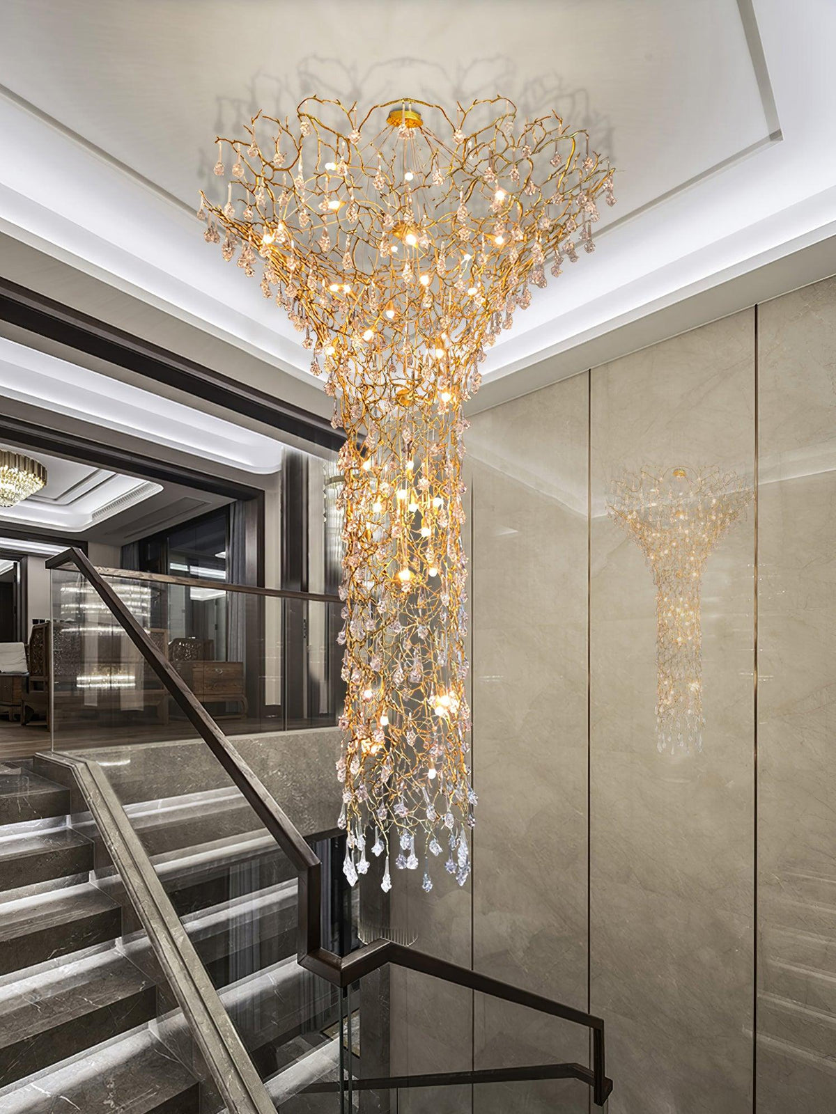 Tree Branch Staircase Chandelier, Rustic Design