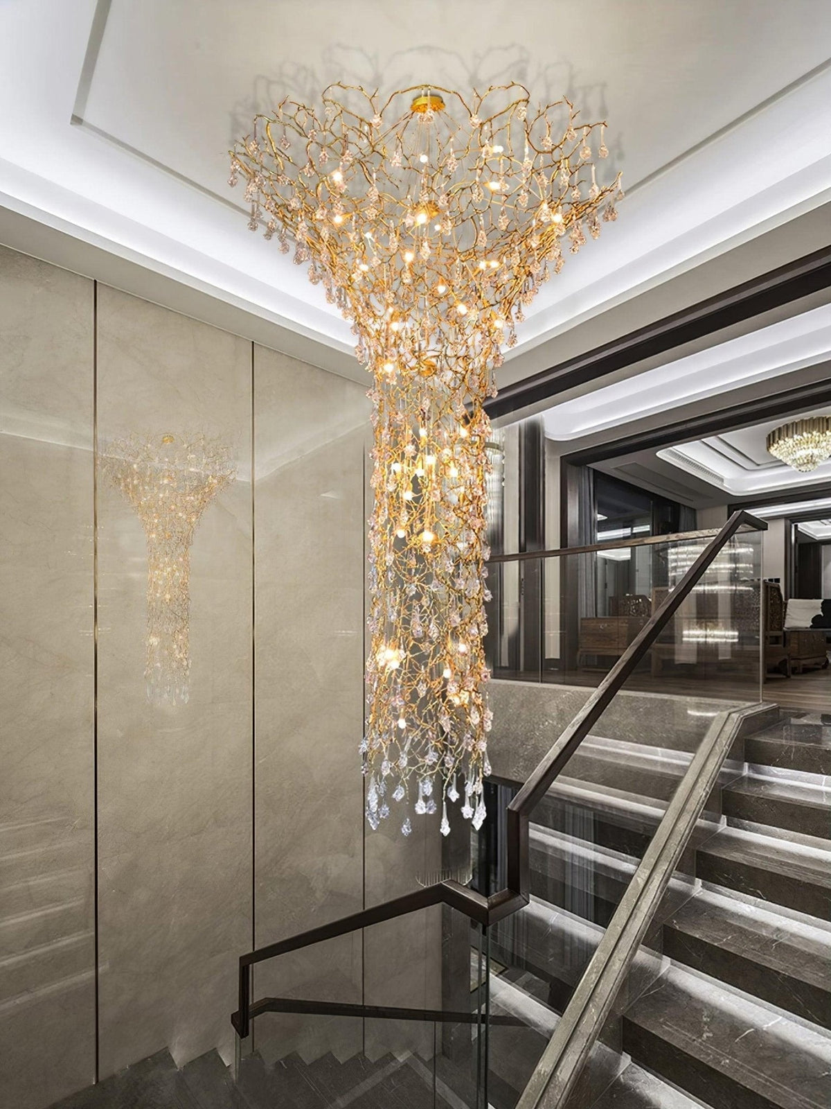 Tree Branch Staircase Chandelier, Rustic Design