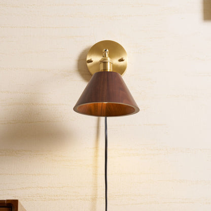 Vintage Wood Plug-In Wall Lamp, Easy Installation — front view