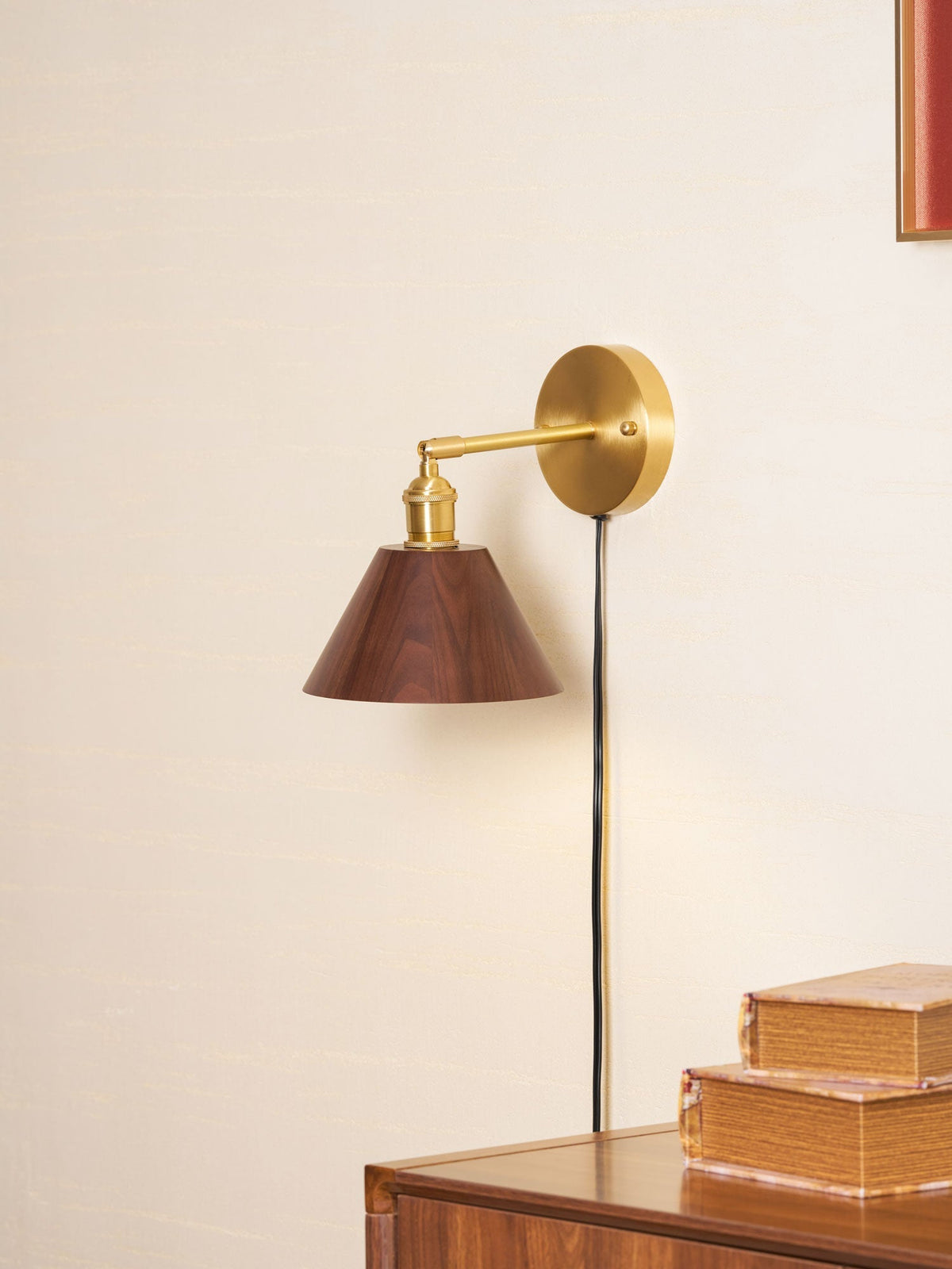 Vintage Wood Plug-In Wall Lamp, Easy Installation — alternate angle