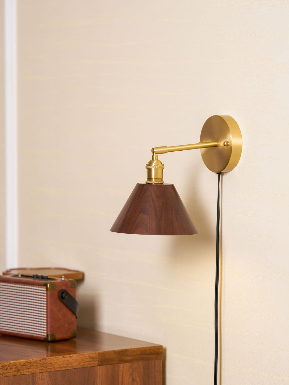 Vintage Wood Plug-In Wall Lamp, Easy Installation — lifestyle view