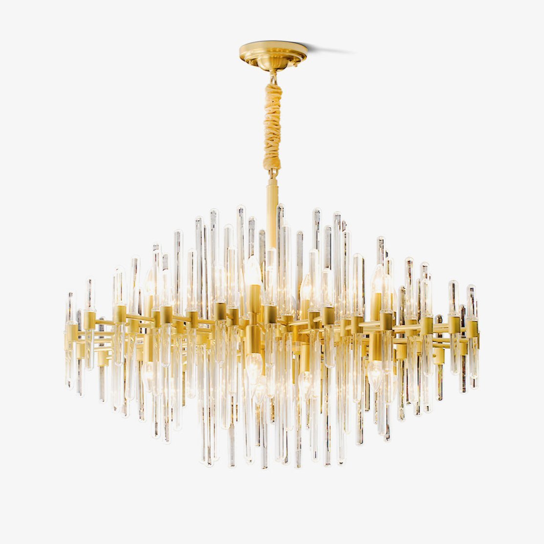 Vintage Brass Chandelier with Adjustable Height & Crystal Accents — front view