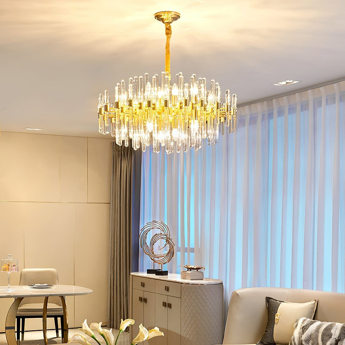 Vintage Brass Chandelier with Adjustable Height & Crystal Accents — side view