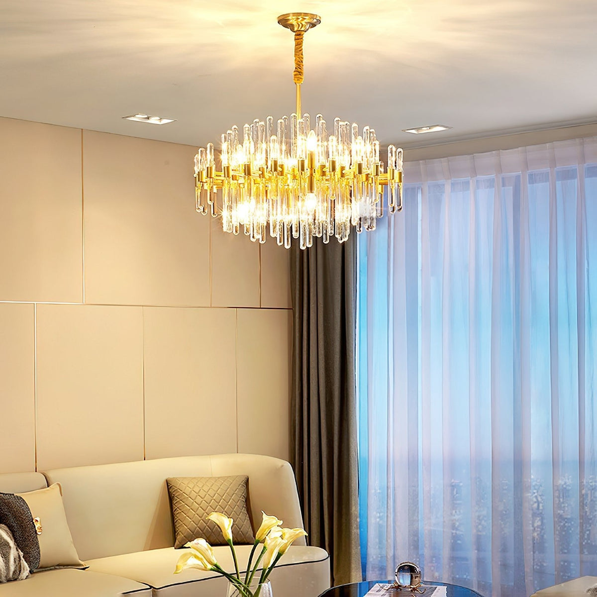 Vintage Brass Chandelier with Adjustable Height & Crystal Accents — detail view