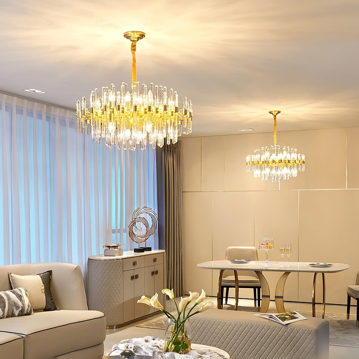 Vintage Brass Chandelier with Adjustable Height & Crystal Accents — alternate angle