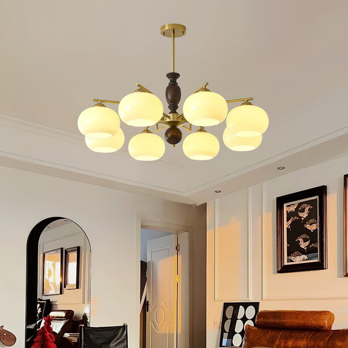 Walnut Beige Orb Chandelier with Adjustable Height — lifestyle view