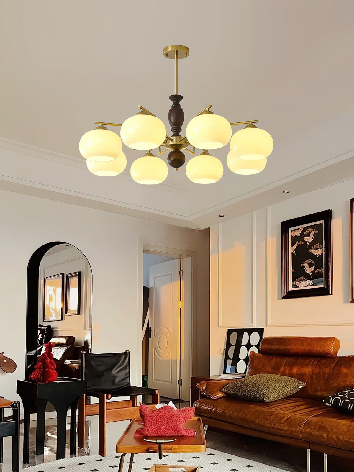 Walnut Beige Orb Chandelier with Adjustable Height