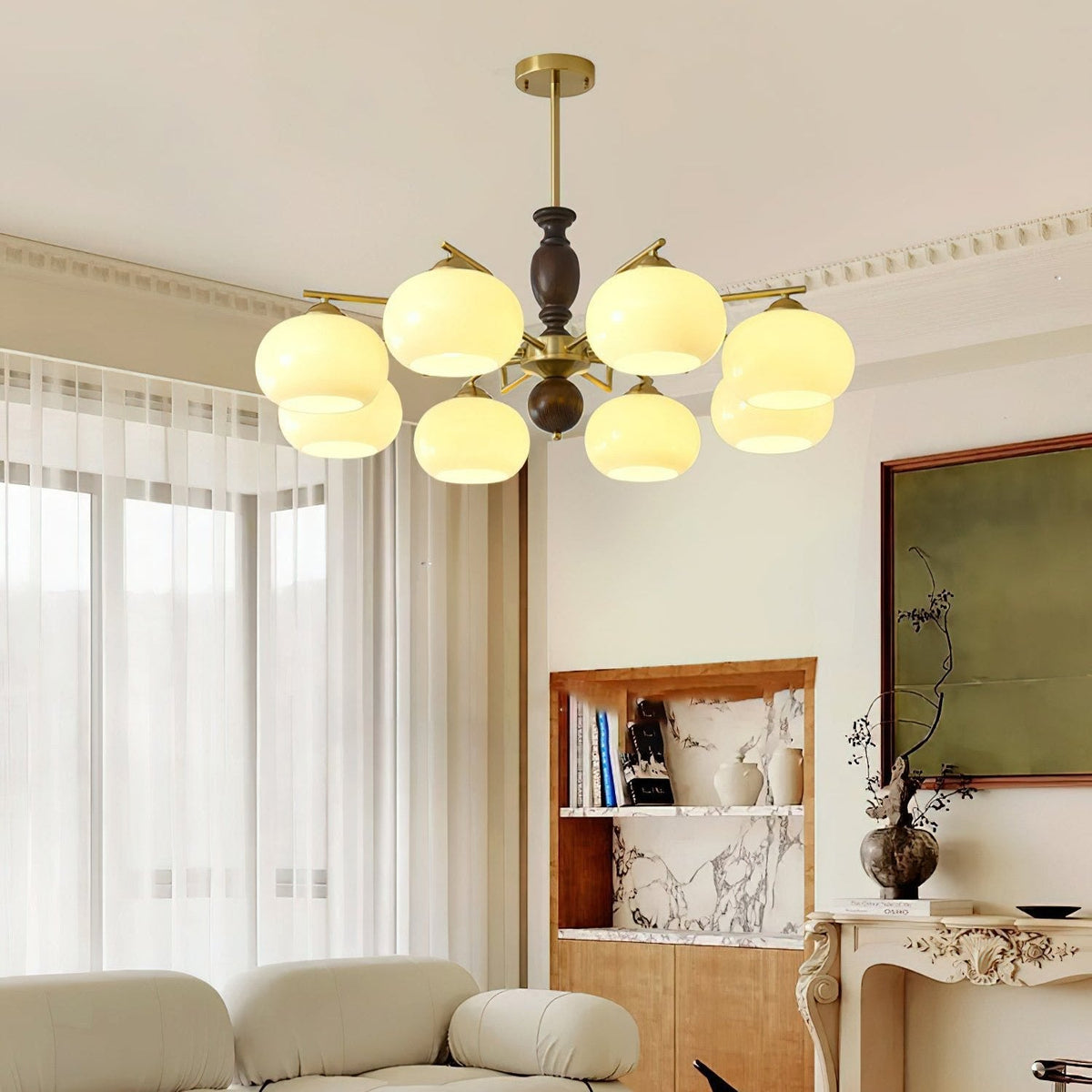 Walnut Beige Orb Chandelier with Adjustable Height — front view