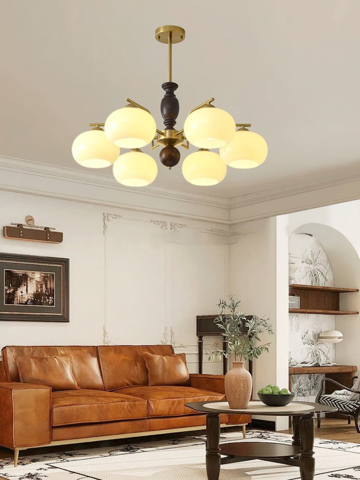 Walnut Beige Orb Chandelier with Adjustable Height