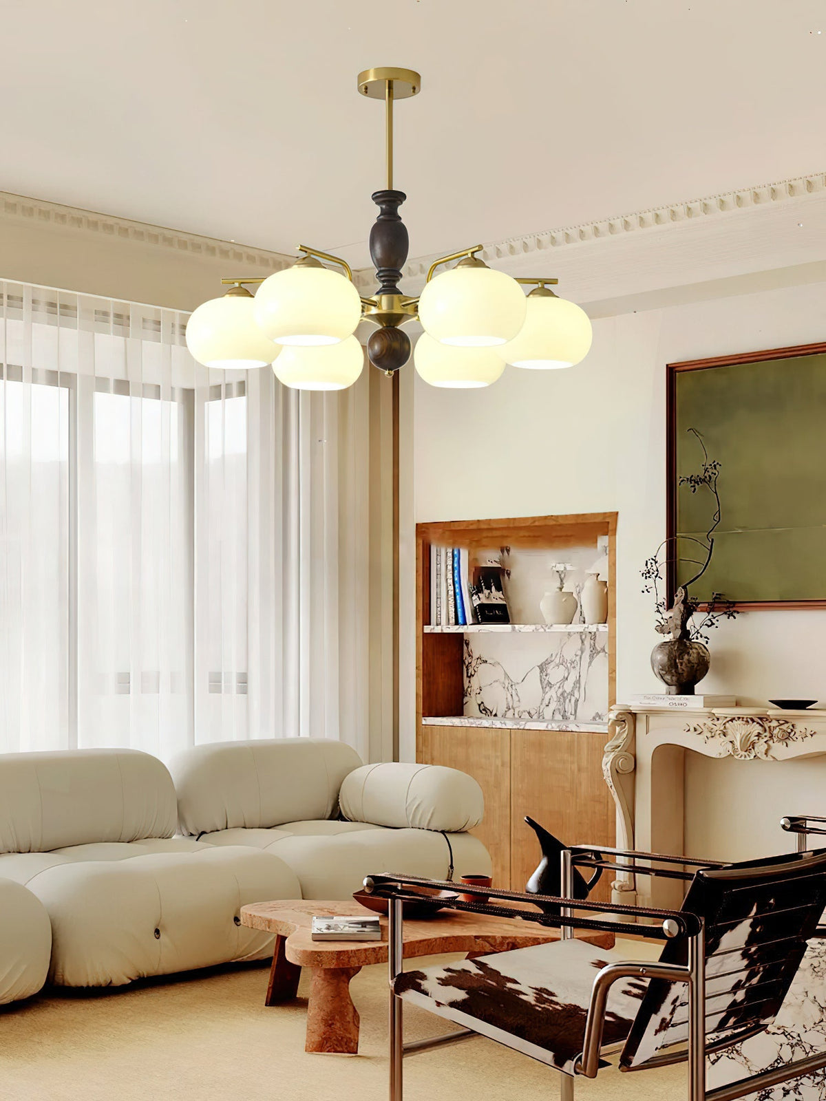 Walnut Beige Orb Chandelier with Adjustable Height