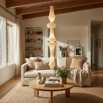 Tall Washi Paper Pendant Light, Soft Glow — side view