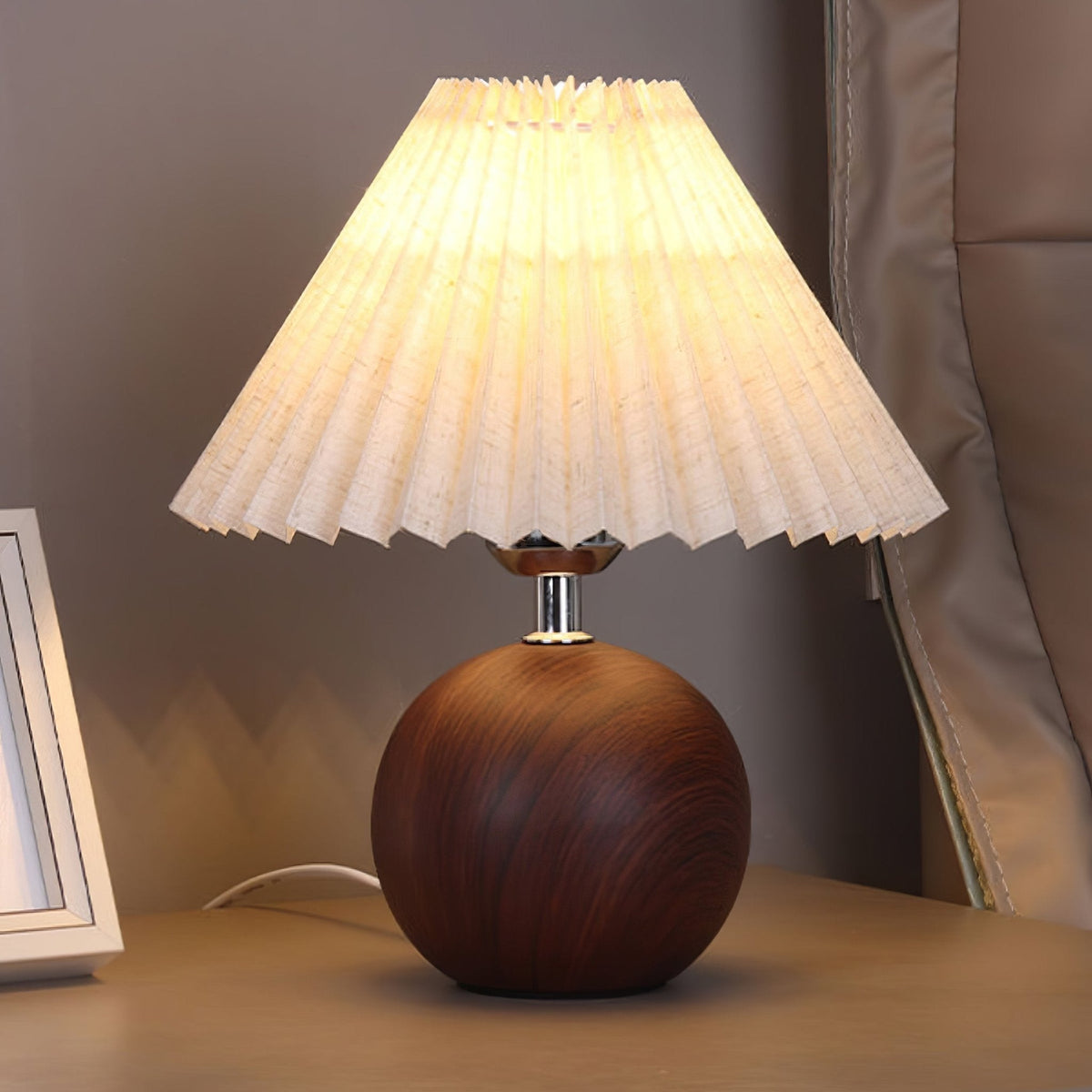 Wooden Pleated Table Lamp with Adjustable Brightness