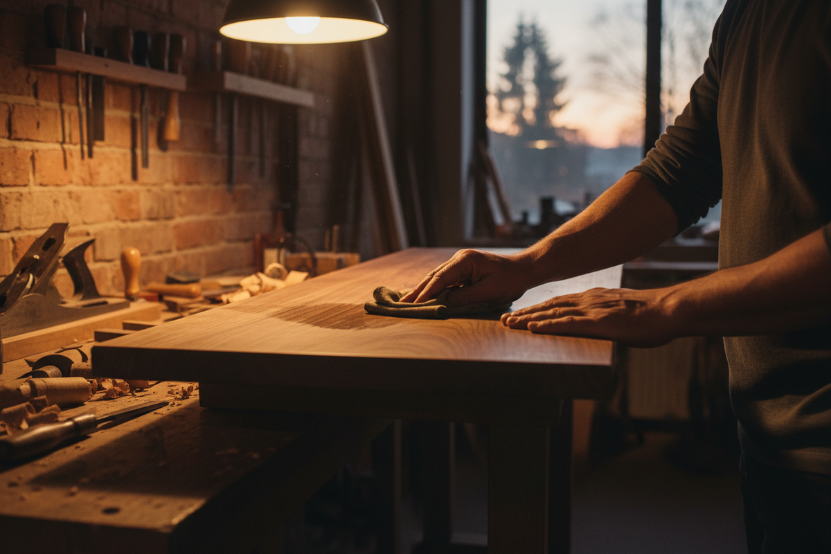 Craftsman hand-finishing a solid wood tabletop in a workshop