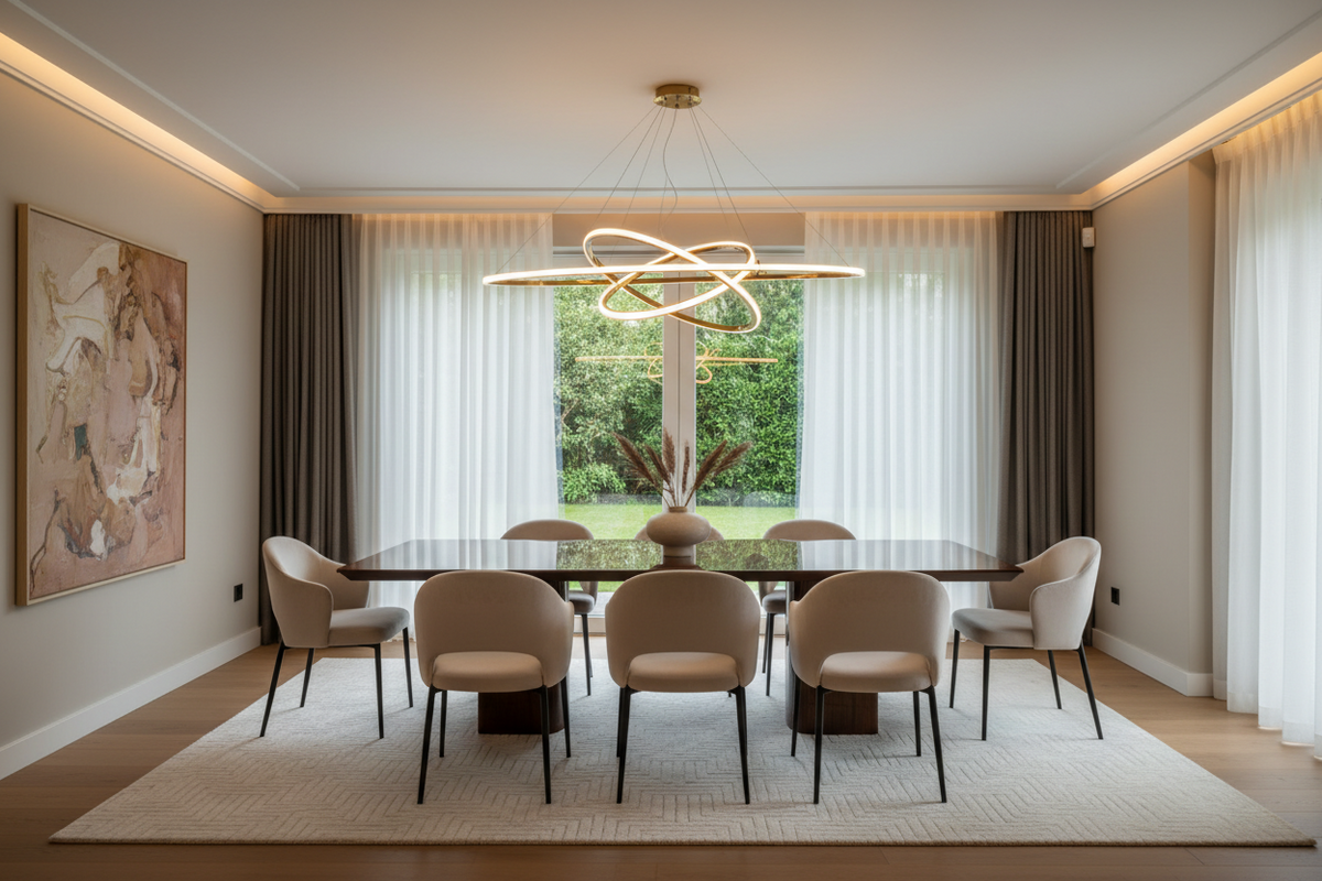 Modern dining room with a ring chandelier above a table and upholstered chairs
