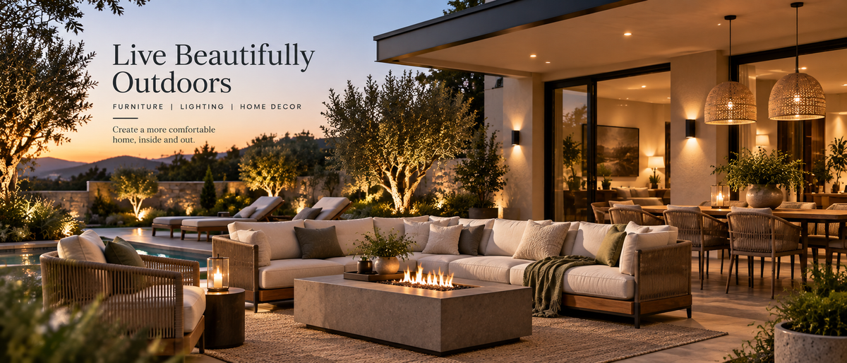 Outdoor patio with sectional sofa, fire pit table and rattan pendant lights at dusk
