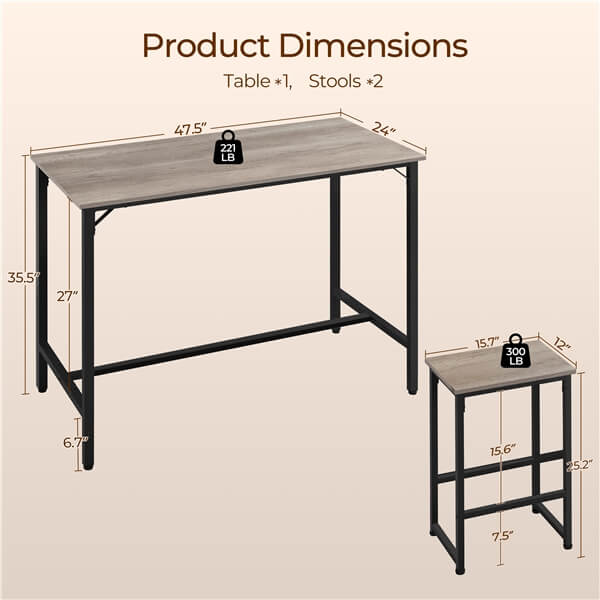 Counter Height Kitchen Table Set with 2 Bar Stools, Modern Design — detail view
